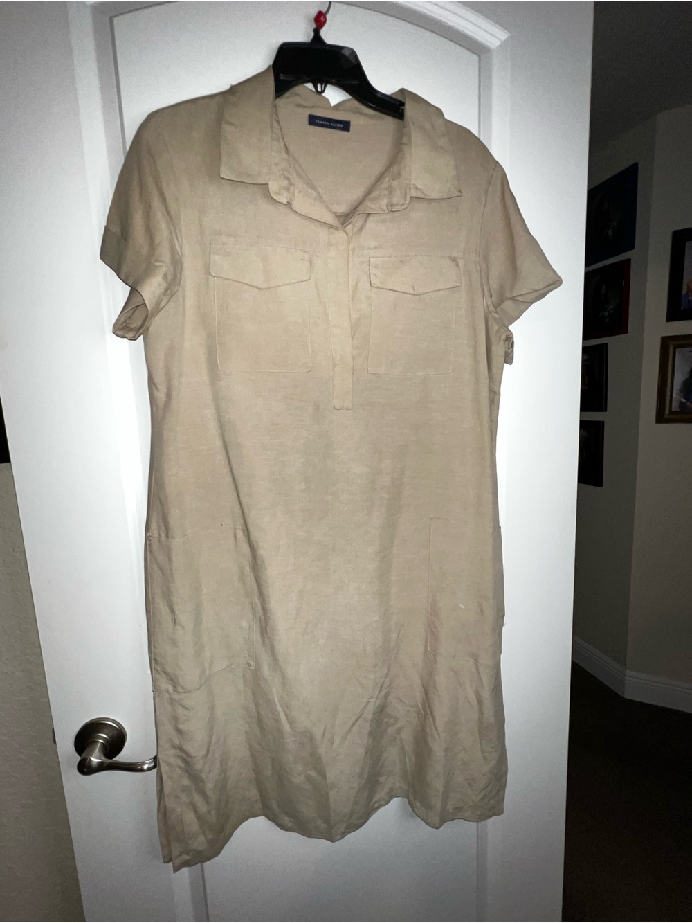 Beige Short-Sleeve Collared Shirt Dress